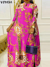 VONDA Elegant Dresses For Women 2022 Vintage Random Printed O Neck Long Sleeve A-Line Vestidos Bohemian Party Casual Summer Plus Size Long Dresses