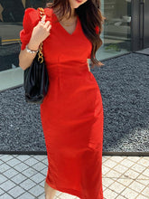 VONDA Summer Sundress Women Short Puff Sleeve Sexy V Neck Solid Color Midi Dress Casual Loose Zipper Pleated Party Elegant Robe