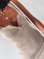 فستان بطول الركبة محبوك مطاطا بلا أكمام Bodycon أنيق المرأة 2022 الصيف مثير الخامس الرقبة زر فساتين الحفلات ضئيلة