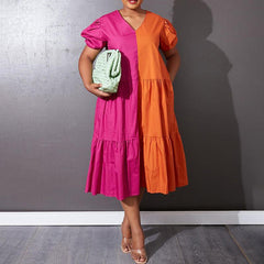VONDA Plus Size Elegant Contrast Color V-neck Short-sleeved Stitching A- Women's Dress Daily Causal Summer Hoilday Dress