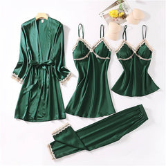 4pc Silk Robe Sleep Suit Women'S Lace Chiffon Satin Pajamas Gown Set V-Neck Night Wear Pajama Home Nightwear Nightdress