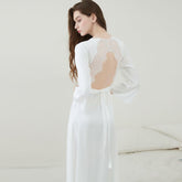 QWEEK Satin Fancy Nightgown Silk Dress Women Lace Sleepwear Vintage Nightie Long Dressing Gown Bride Wedding