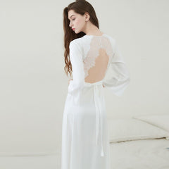 QWEEK Satin Fancy Nightgown Silk Dress Women Lace Sleepwear Vintage Nightie Long Dressing Gown Bride Wedding