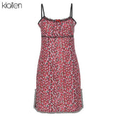 فستان قصير نسائي صيفي بوهو بحزام أحمر من KLALIEN فستان نسائي أنيق لطيف على طراز الكلية كاواي نحيف وناعم منقوش عليه زهور جديد