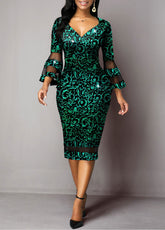Ladies Printed Trumpet Sleeve Dress V-neck Elegant Mesh Stitching Package Hip Skirt