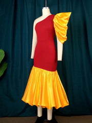 AOMEI Sexy One Shoulder Dresses Patchwork Color Block Women Evening Red Orange Robes Fashion Birthday Prom Bodycon Ruffle Gowns