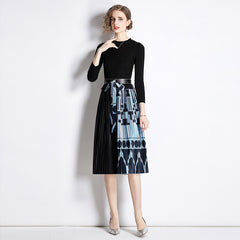 Han Caixi 2023 European and American cross-border women's clothing autumn and winter new fashion printed splicing dress pleated skirt for wome