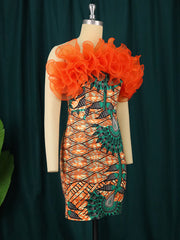 Women Tube Tops Dress Mini Bodycon Party Printed Ruffles Patchwork Sexy Backless Female Event Tight Evening Robes Birthday 2022