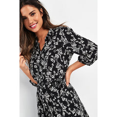 Vintage Floral Print Maxi Dress Women Boho Three Quarter Sleeve Long Sashes Dress Turn Down Collar Casual Shirt Dresses Robe