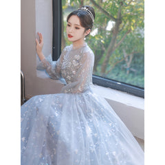 عرض ساخن فستان سهرة جديد باللون الرمادي والأزرق للنساء 2022 فستان جديد للولائم ومزاجية للفحص الفني بأكمام طويلة وحفلات أعياد الميلاد والاجتماع السنوي c