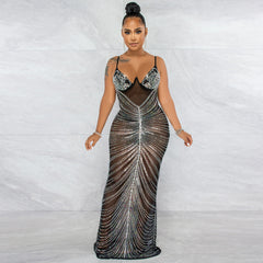 European and American mesh hot diamond deep V sexy tight evening dress women's dress