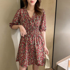 Dress Women's V Neck Flower Print Tunic Top Vacation Boho Romantic Retro Summer New Short Sleeve Ladies Fashion Daily French