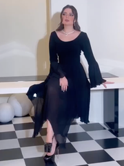 Black Chiffon Elegant Diamond Tassel Neck Irregular Skirt Dress