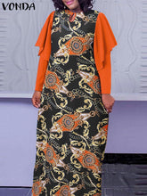 فوندا نساء بوهو خمر نمط عشوائي مطبوعة ماكسي فساتين طويلة سبينغ الخريف الكشكشة عادية فضفاض س الرقبة طويلة الأكمام المرقعة فيستدوس حجم كبير