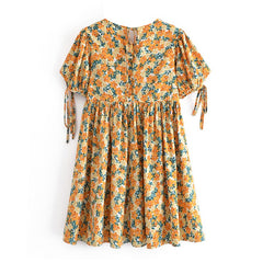 فستان قصير بطبعة زهور من Boho Stlye فستان نسائي قصير الأكمام ورقبة دائرية مطوي فستان صيفي نسائي أنيق لحفلات الشاطئ