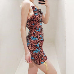 leopard print backless sexy bodycon mini dress summer women fashion slash neck slip party streetwear clothes
