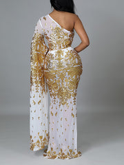 European and American plus-size women's sexy nightclub mature style fashion temperament elegant oblique shoulder bag hip long-sleeved dress high-quali