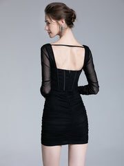 Long Sleeve Bodycon Dress Halter Boning Corset Dress Sexy Mesh Late Club Party Dress Mini Autumn Dress Women 2022