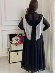 Black elegant fringed chiffon waist dress