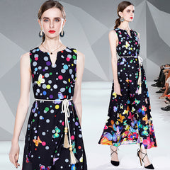 عرض ساخن فستان جديد مطبوع بربطة عنق على شكل حرف v فستان أنيق بدون أكمام للنساء