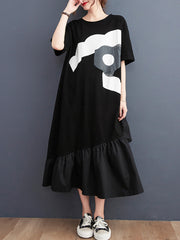 Women's European and American style summer new large size loose t-shirt women's mid-length straight slim ruffled irregular printed dress