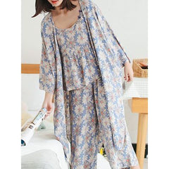 بدلة خدمة منزلية للسيدات اليابانية مكونة من ثلاث قطع حبال طباعة نباتية + بنطلون + طقم بيجامة للسيدات ثوب نوم