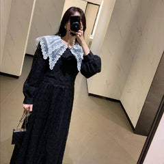 Korean Chic Hepburn Style French Style Temperament Vintage Lace Crochet Embellished Large Lapel Slimming Elegant Dress for Women
