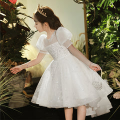 White super dream girl dress flower girl wedding little girl children's birthday party dress piano costume