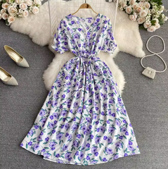 Spring and summer new women's gentle wind V-neck waist slimming a-line elegant temperament floral long dress
