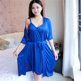Pajamas women's spring and summer sexy ice silk suspenders nightdress thin two-piece large size home clothes