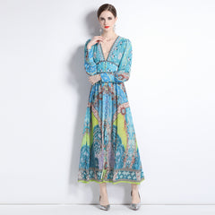 2184 shot 2023 early spring vacation style temperament design collar print long sleeve waist waist dress