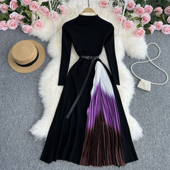 Elegant stitching dress simple temperament round neck gradient fit mid-length skirt women
