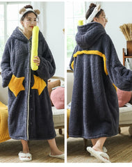 Women's Fleece Hooded Bathrobe Women's Robe Light Cotton Soft Fluffy Warm Sherpa Robe Kimono Bride