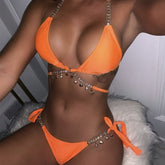 Explosive new swimsuit European and American strappy plain female split crystal diamond bikini creative accessories swimwear