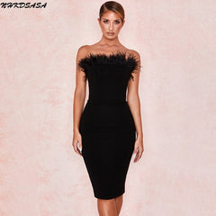 New Summer Sexy Strapless Backless Feather Black Midi Women Bodycon Bandage Dress 2022 Designer Fashion Party Club Dress Vestido