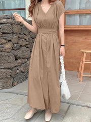 ZANZEA فساتين أنيقة للنساء سادة رقبة على شكل حرف v وأكمام قصيرة وتصميم مطوي فستان طويل موضة العطلات كاجوال فضفاض للسيدات فيستدو مقاس كبير