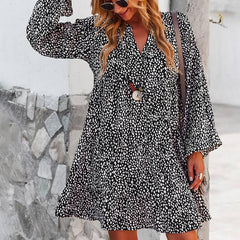 ليوبارد فستان زهري للنساء خريف كم طويل فستان كاجوال بوهو الخامس الرقبة فساتين حريمي فضفاضة نمط المهنة ملابس الشاطئ النسائية