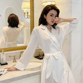 White ice silk nightgown imitates silk fashion casual bathrobe big version European and American style lapel home dress can be worn outside