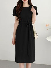 ZAZNEA Causal Loose Dress Ladies Elegant Work Vestido Women Summer Short Sleeeve Solid Sundress Fashion Loose Lace Up Dresses