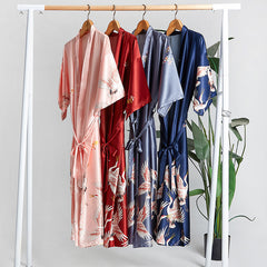 Kimono Satin Pajamas Wedding Japanese Yukata Bridesmaid Robe crane Print Bathrobe Nightgown Sleepwear Women Kimono Robe Gown Elegant Home Clothing
