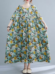 فستان نسائي صيفي جديد موديل 2022 مقاس كبير بتصميم عتيق على الطراز العربي الرمضاني مطبوع عليه زهور يوميًا فضفاض ورقيق بأكمام قصيرة متوسط الطول