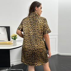 Spring and summer new large size ice silk pajamas women's summer thin sexy leopard print simulation silk shirt nightdress