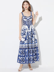 Printed Positioning Sling Slim Waist Dress Elastic Back A-Line Skirt
