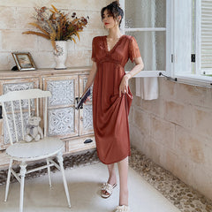 women sleepdress Sweet Lace Trim Long Nightgown female V-Neck Nightdress Summer New Short Sleeve Sleepwear Nightwear Homewear elegant robe Pajamas