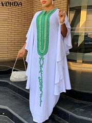 VONDA Elegant Dresses For Women 2022 Stripe Random Printed V Neck Long Flared Sleeve A Line Vestidos Bohemian Party Casual Plus Size Long Dresses