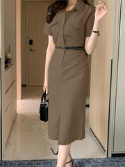 VONDA Elegant Solid Color Summer Sundress Fashion Women Lapel Buttons Casual Midi Dress Short Sleeve Party Vestidos Robe