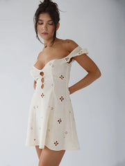 Square Collar Black Mini Dresses 2022 Summer Sexy High Waist Short Sleeve Beachwear Bodycon Hollow Out Sundress Female