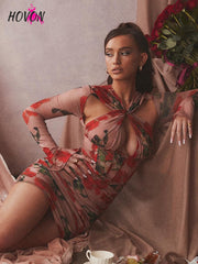 HOVON Cut Out Floral Print Corset 2022 Spring Summer Bodycon Mini Dress Women Long Sleeve Sexy Backless Party Night Club Dresses