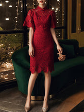 Ladies lace Chinese cheongsam evening dress retro banquet short evening dress short sleeve birthday dress