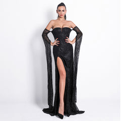 شعبية قبالة الكتف قبالة الظهر التألق المرأة طويلة الأكمام أنيقة شق مساء اللباس اللباس تعزيز المصنع مباشرة